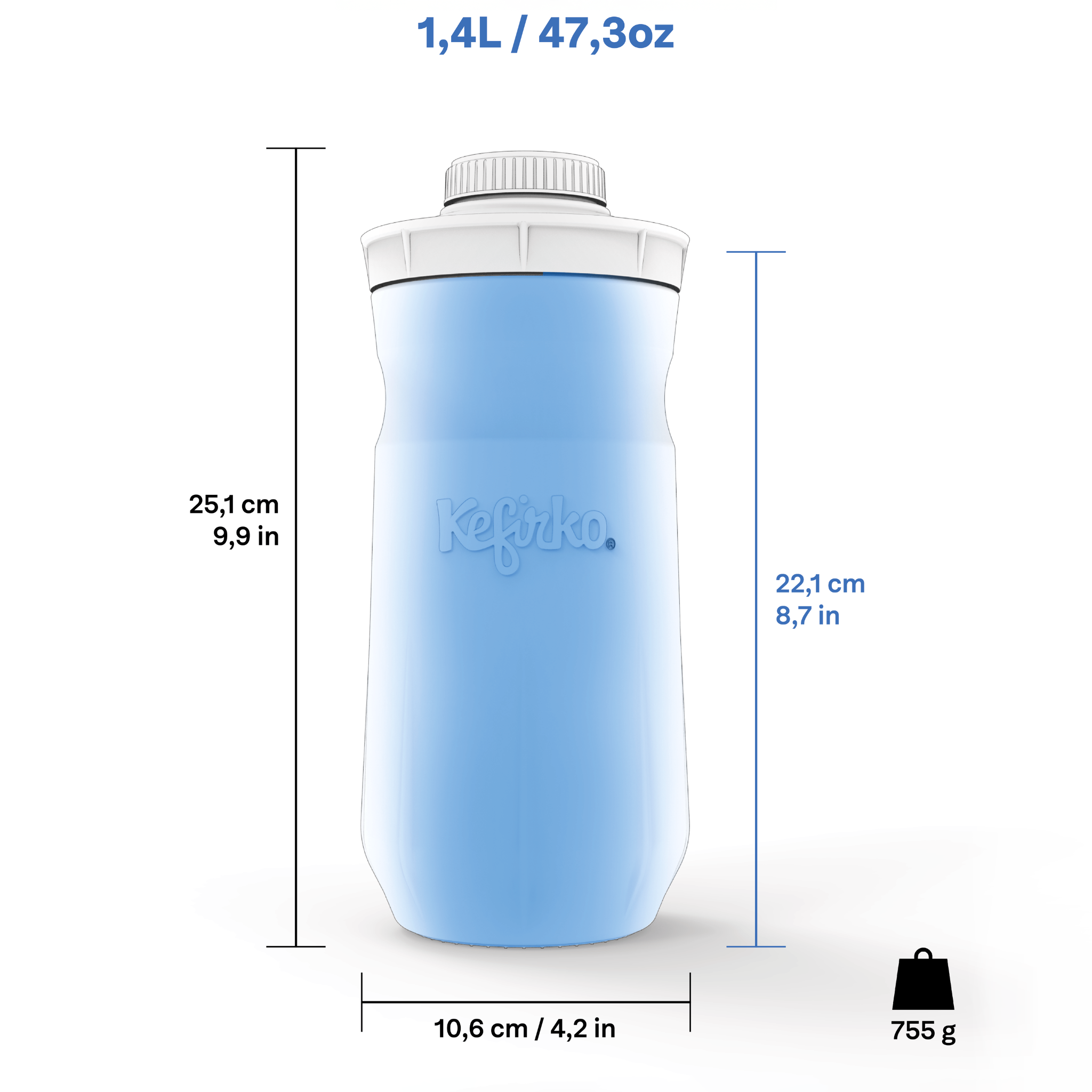 Infografía del tarro de para fermentación Kefirko de 1,4L, detallando sus medidas de 25,1 cm x 10,6 cm y su peso.