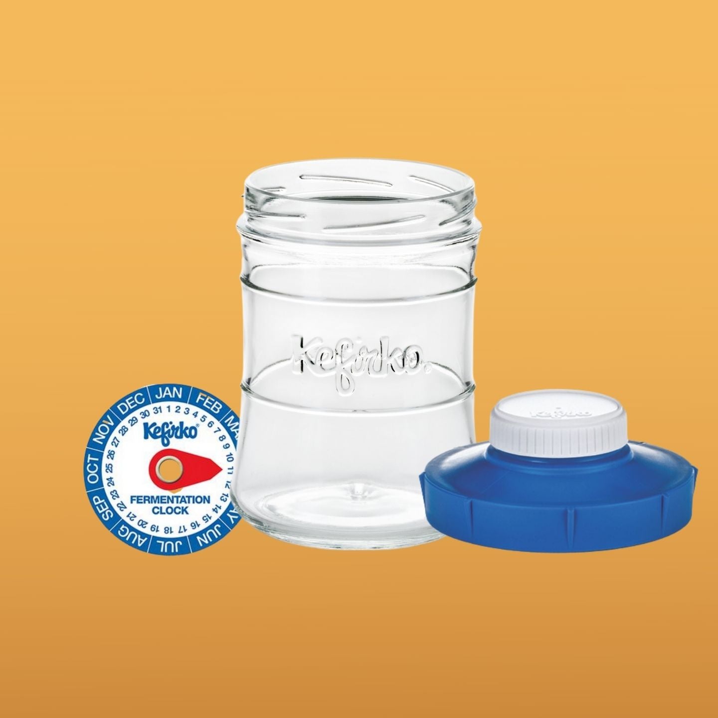 reloj de fermentacion con tarro pequeño de cristal con tapa azul