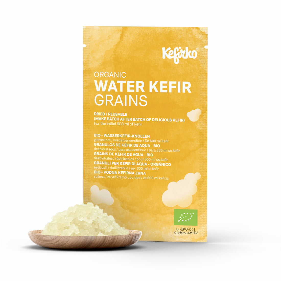 sobre de nodulos de kefir de agua deshidratados y frescos