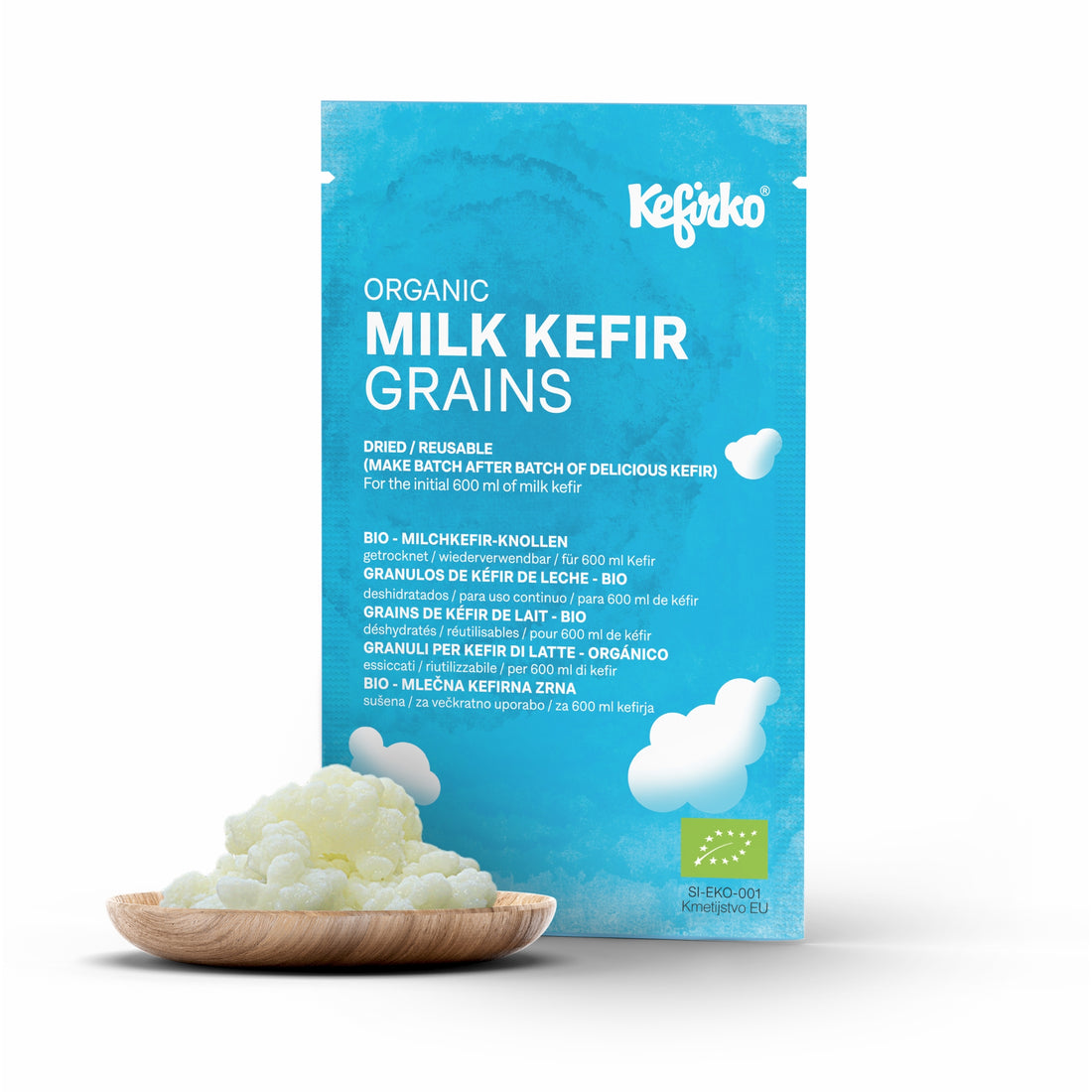 sobre de nodulos de kefir de leche deshidratados y frescos
