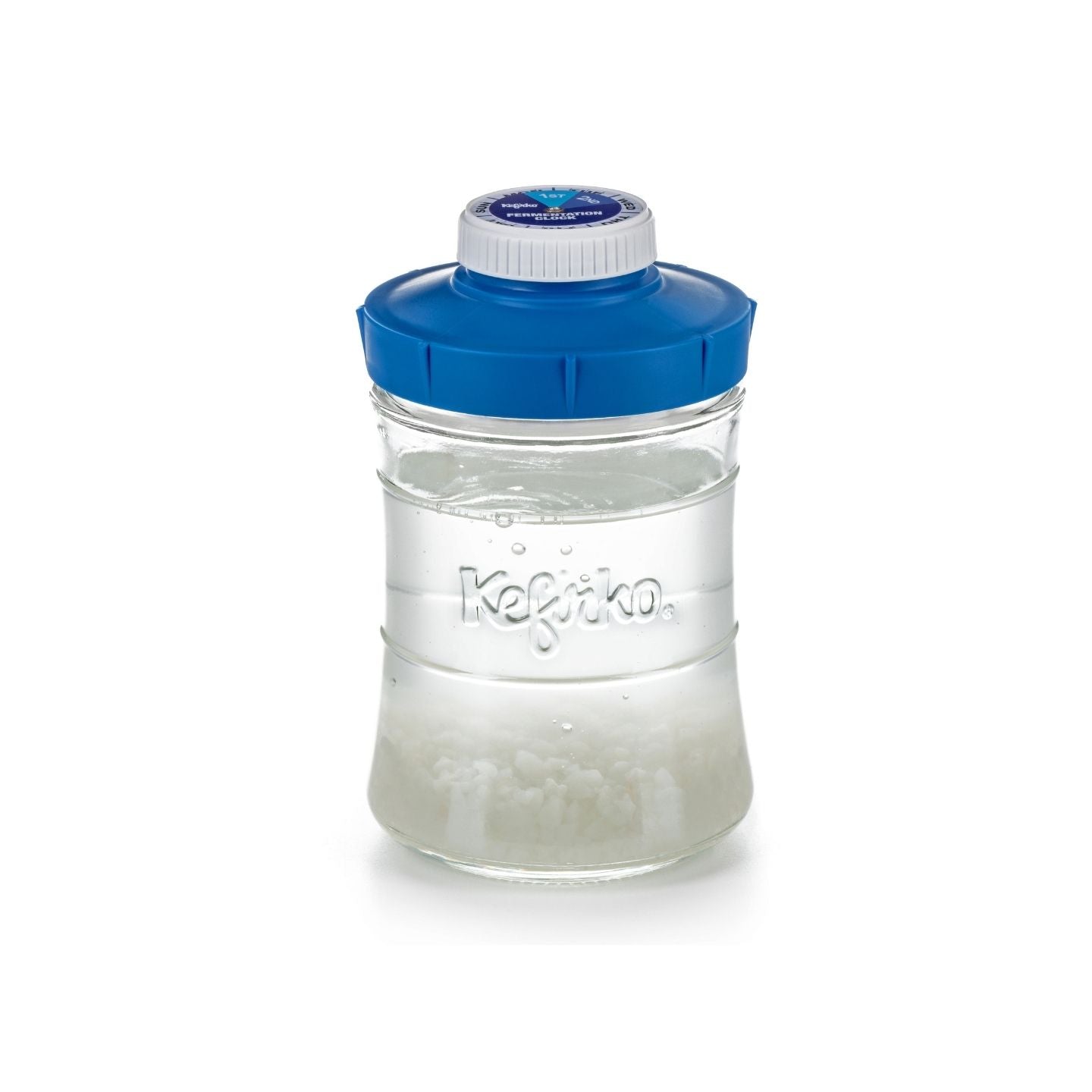 kefir de agua en tarro grande de cristal con tapa hermética azul